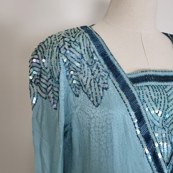 *Free With Purchase* 80’s D'ore shift dress midi turquoise beaded sequins - Picture 2 of 12